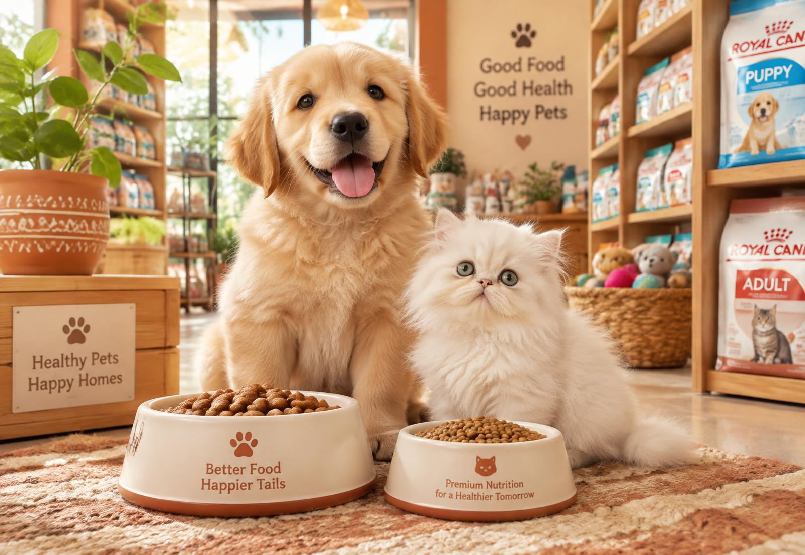 Puppy and kitten with food bowls at Furry Food